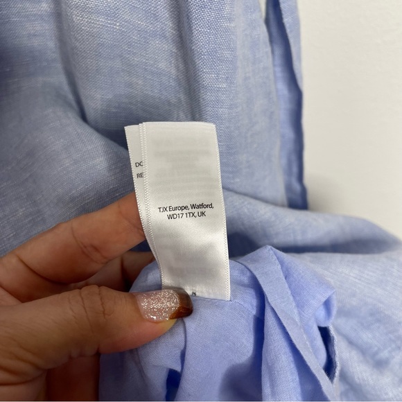 TAHARI Chambray 100% Linen Dress Sleeveless Pockets Scalloped V-neck Tie Size 6 - Picture 15 of 16